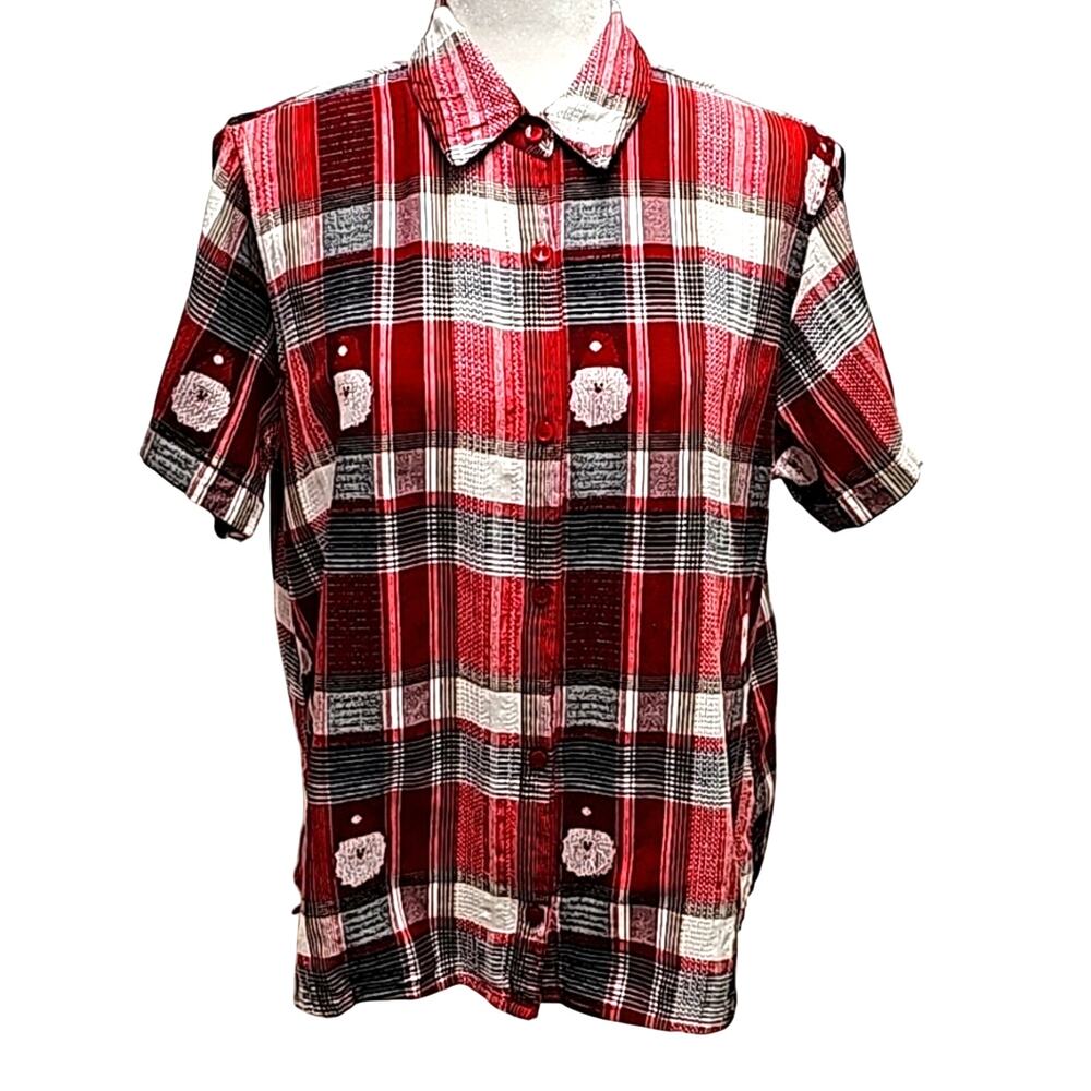 Holiday Editions Womens Button Front Collar Santa Claus Short Sleeve Top Size XL